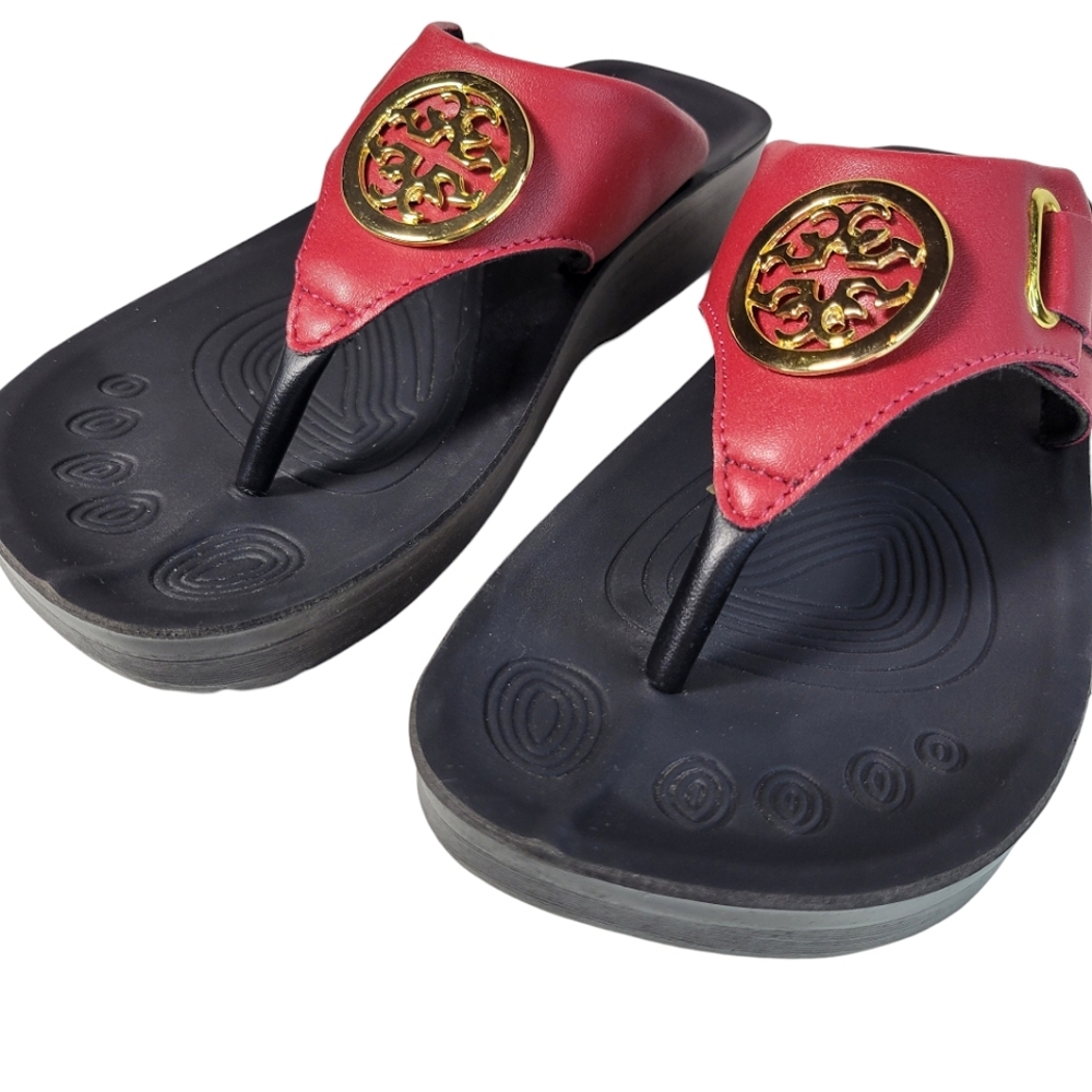 Aerothotic red and black flip flop thong sandals with gold accent Size 37
